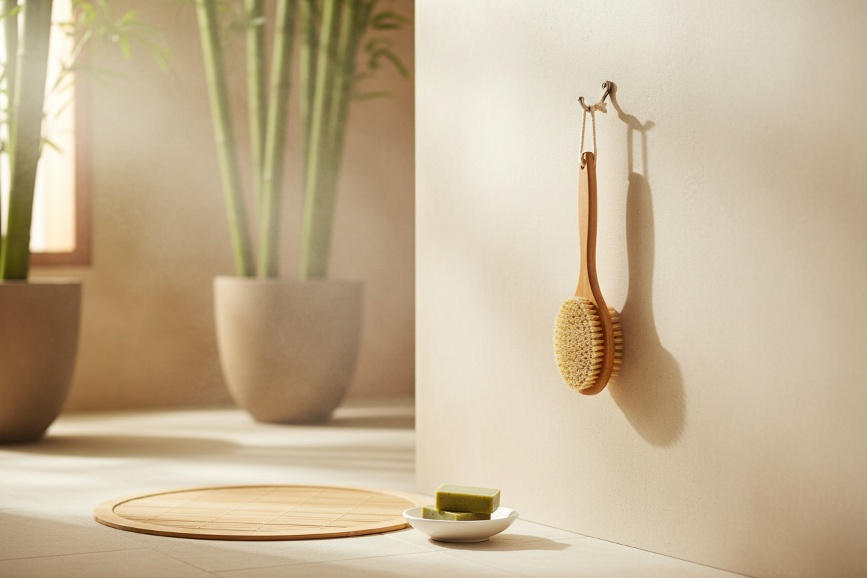 Brosse de douche en bambou suspendue dans une salle de bain naturelle avec tiges de bambou en arrière-plan