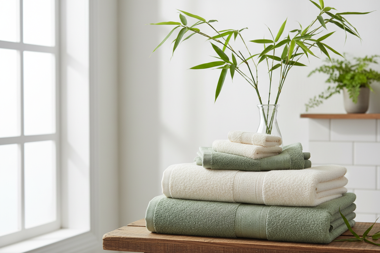 Serviettes douces en fibre de bambou pliées sur étagère de salle de bain avec feuilles de bambou et lumière naturelle