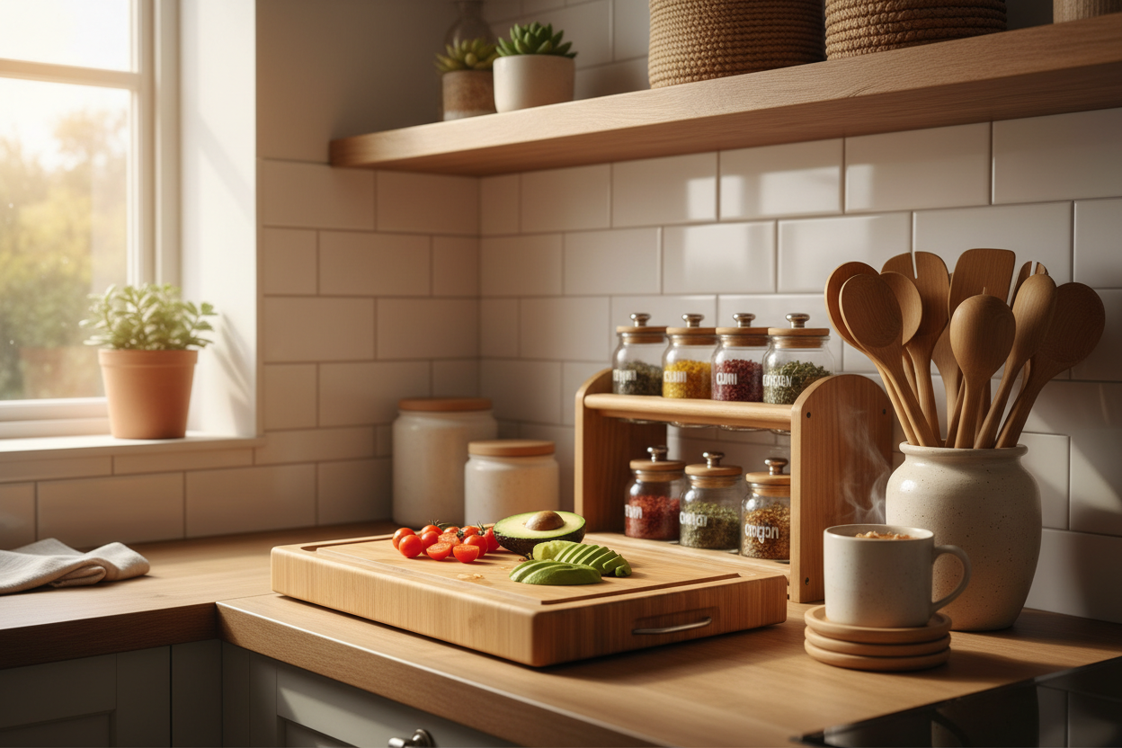 Cuisine éco-chic avec planche à découper, porte-épices, dessous-de-verre et ustensiles en bois et bambou naturel