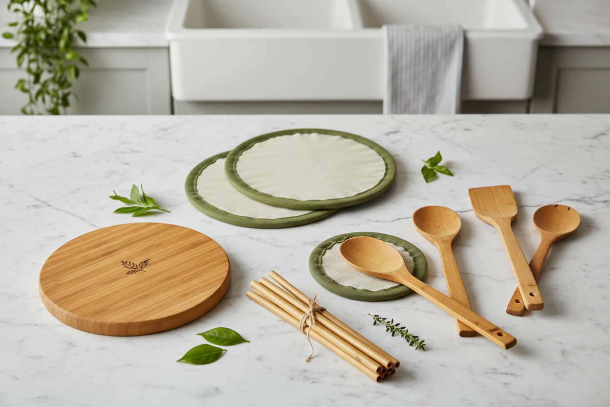 Plateau à fromage en bambou, pailles réutilisables et couvercles en bambou disposés sur marbre blanc, cuisine écologique