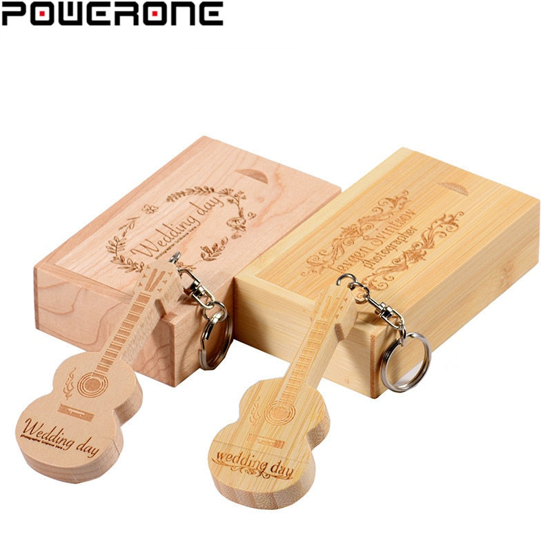 POWERONE free custom logo wood guitar pen drive guitars usb flash drive memory Stick pendrive 64GB 16GB 32GB metal keychain gift