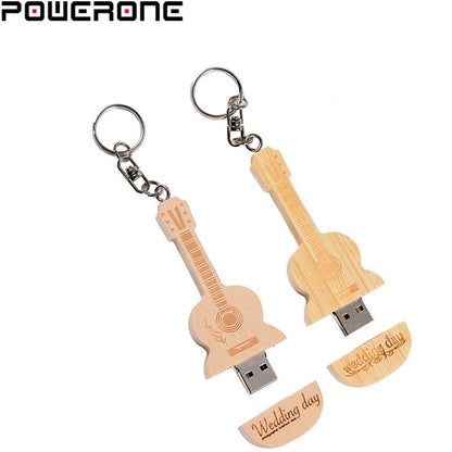 POWERONE free custom logo wood guitar pen drive guitars usb flash drive memory Stick pendrive 64GB 16GB 32GB metal keychain gift